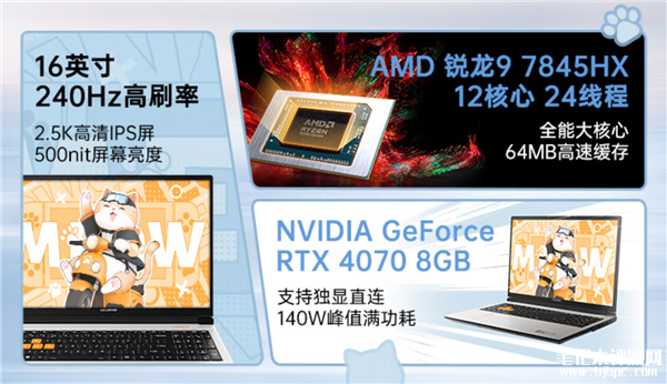 七彩红MEOW R16游戏本上架预约 锐龙9 7845HX+RTX4070售价6499元，笔记本评测网（bjbpc.com）