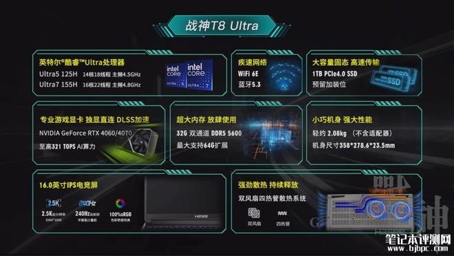 神舟战神T8 Ultra笔记本发布 英特尔Meteor Lake处理器售价7999元起，笔记本评测网（bjbpc.com）