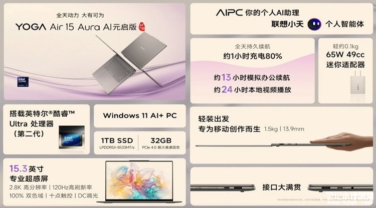 联想YOGA Air 15 Aura AI元启版发布 搭载联想最小笔记本主板售价9999元，笔记本评测网（bjbpc.com）