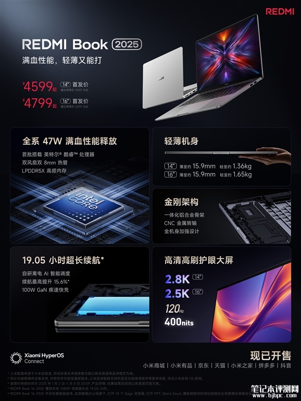 REDMI Book 2025笔记本上市 首发新酷睿5 220H处理器售价4599元起，笔记本评测网（bjbpc.com）