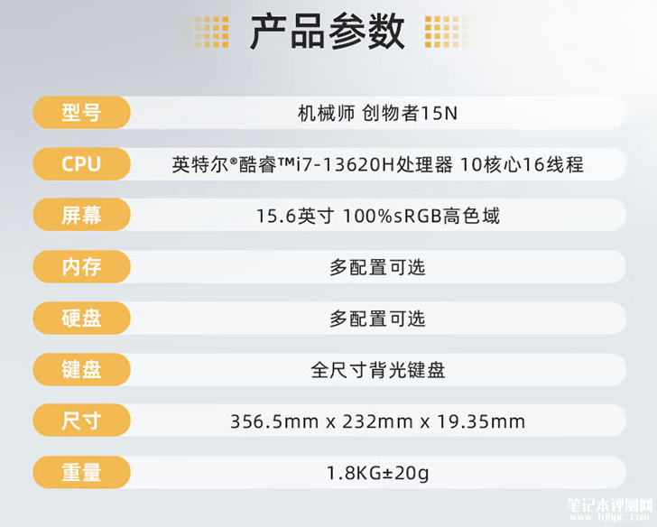 机械师创物者15N笔记本新配置上市 2K分辨率屏版搭载i7-13620H处理器售价3799元起，笔记本评测网（bjbpc.com）