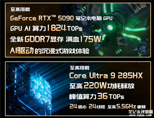 微星泰坦18 Ultra AI/龙魂典藏版开启预约 酷睿Ultra 9 285HX+最高满血RTX 5090，笔记本评测网（bjbpc.com）