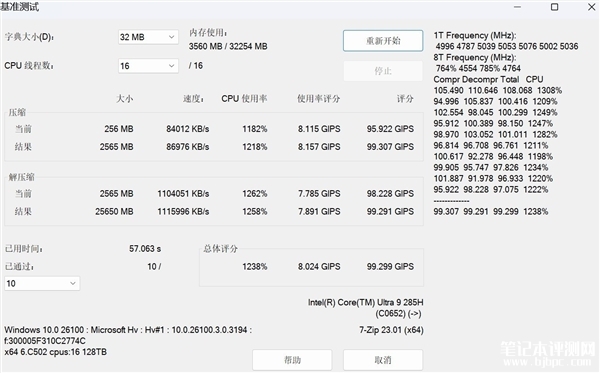 英特尔酷睿Ultra 9 285H性能实测，笔记本评测网（bjbpc.com）